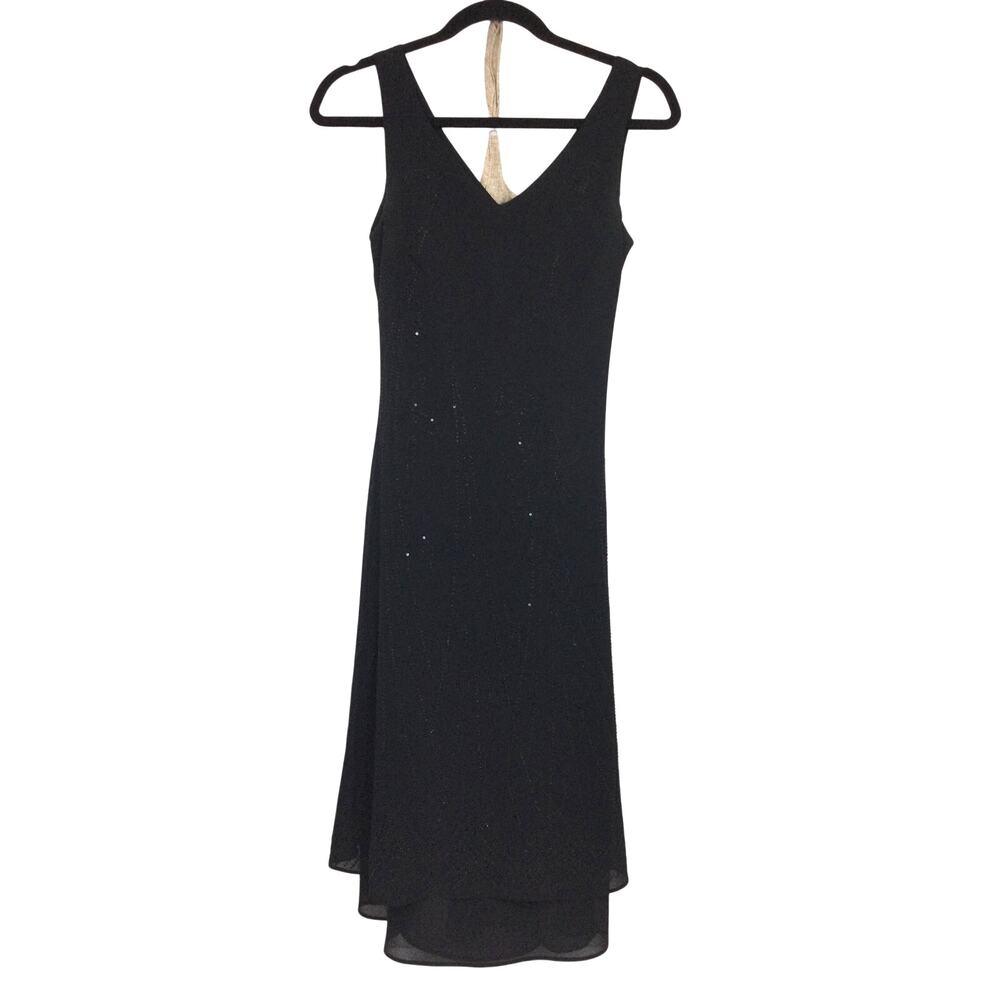 Modern Touch 90s Minimalist Gothic V-neck Bead Sleeveless Bias Cut Midi Dress L
